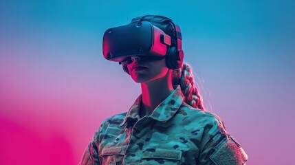 Woman in Military Uniform Uses VR Headset