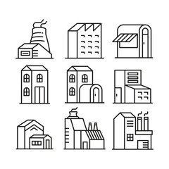 factory building and edifice icons line illustration set