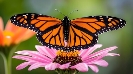 Fototapeta premium Close up of a butterfly on a flower a monarch butterfly consuming nectarines