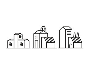 factory and house building icons set line illustration