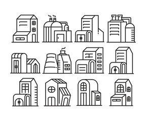 factory building and edifice icons line illustration set