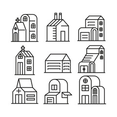 factory and house building icons set line illustration