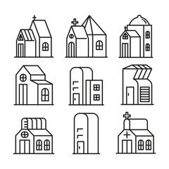 building, house and tower icons set line illustration