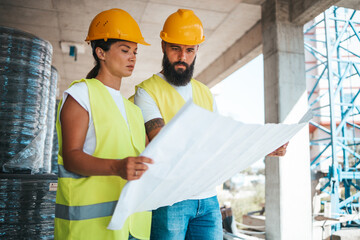 Construction Workers Reviewing Plans on Building Site