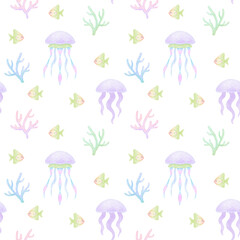 Watercolor seamless pattern with purple jellyfish, corals and green fish on a white background. Cute illustration for children's textiles and wrapping paper