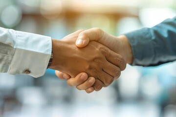 Close-up of two people shaking hands, symbolizing agreement, partnership, and successful business deal outdoors with blurred background.