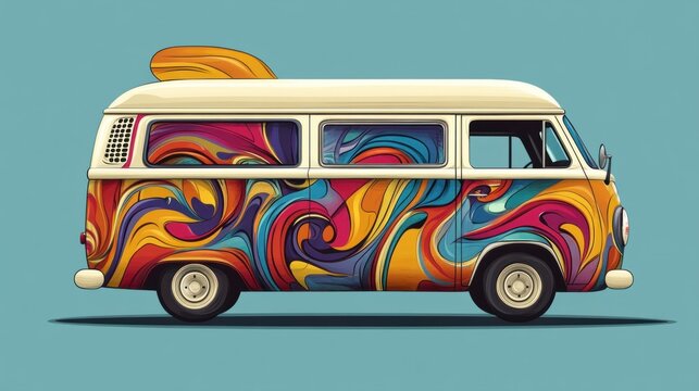recommend clip art: A cartoon retro van with funky, swirling designs and bold colors, creating a 1970s vibe.