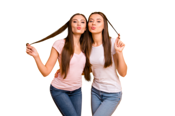 Close up photo two people beautiful she her ladies models send air kisses playing curls winding fingers romantic mood hugging stand close wear white pink casual t-shirts isolated yellow background