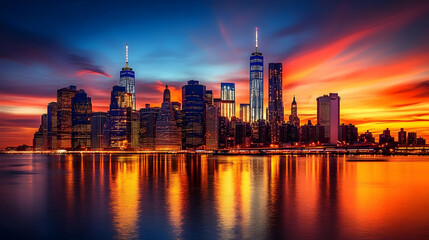 Fototapeta premium A stunning sunset over the New York City skyline, with the city's iconic skyscrapers reflected in the water.