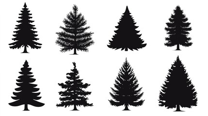 Obraz premium A versatile set of Christmas tree silhouettes, featuring various styles of pine trees and forest fir trees. This pictogram collection captures the essence of nature and the festive spirit,