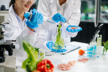Fototapeta premium Food scientists in lab coats, testing samples, and analyzing food safety and quality