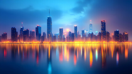 Obraz premium A stunning view of a city skyline at dusk, with the skyscrapers reflecting in the water.