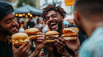 Three Friends Enjoying Delicious Burgers at a Street Food Festival