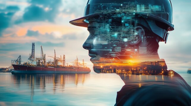 Double exposure of an oil worker and industrial port with a digital interface on their helmet.