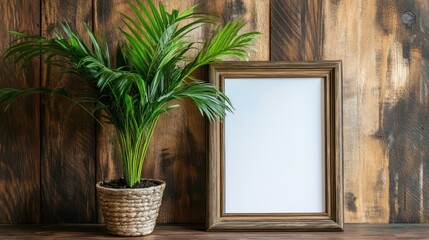 Palm Plant and Wooden Frame on Rustic Background