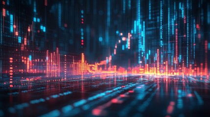 Fototapeta premium Abstract digital cityscape with red and blue glowing lines and data