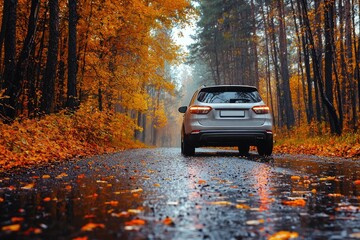 A car is driving down a road in the fall, tires on the road in autumn