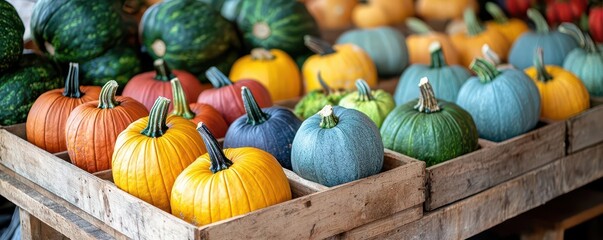 A vibrant display of various pumpkins in different colors and sizes arranged in wooden crates at a market.