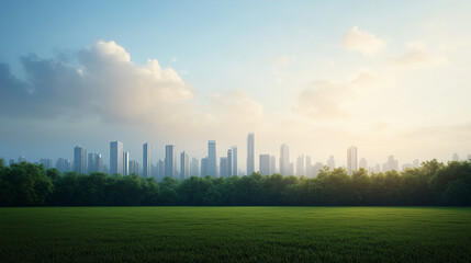 A serene landscape featuring vibrant green field in foreground, with modern city skyline in background under clear sky. scene evokes sense of tranquility and harmony between nature and urban life.