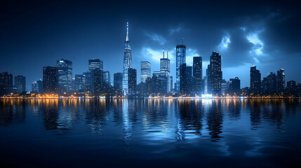 Fototapeta premium A stunning view of a modern city skyline at night, with skyscrapers illuminated and reflected in the water.