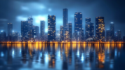 Obraz premium A stunning view of a modern city skyline at night, with the city lights reflected in the water.