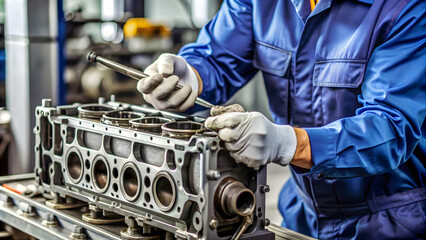 Obraz premium Close up of a mechanic repairing an engine block , mechanic, repair, engine, block, maintenance, restoration, automotive
