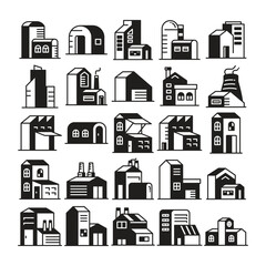house, office tower and building icons set