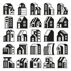 house, office tower and church building icons set