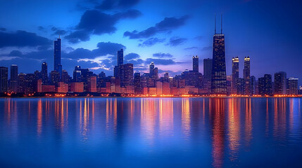 Fototapeta premium A stunning view of the Chicago skyline at dusk with the city's lights reflecting in the water.