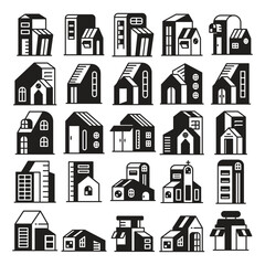 house, office tower and church building icons set