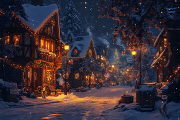 Obraz premium Cozy snow-covered village with Christmas lights at night 