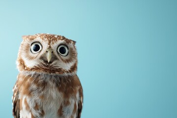 Fototapeta premium A brown and white owl with big eyes stares at the camera