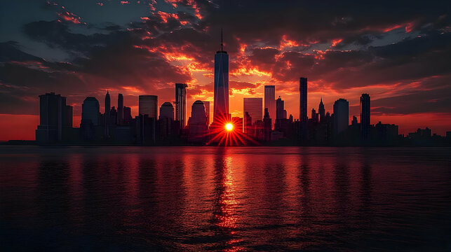 A stunning view of the New York City skyline with the sun rising behind the Freedom Tower, casting a fiery glow across the cityscape.