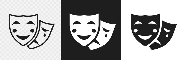 Theatrical mask icon set. Happy and sad signs. Comedy and tragedy masks for fholiday festival, theatr and masquerade. Vector illustration.
