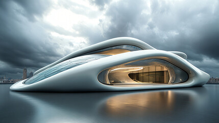 Obraz premium A futuristic exhibition hall with a striking exterior and advanced features.A futuristic exhibition hall with a striking exterior and advanced features.