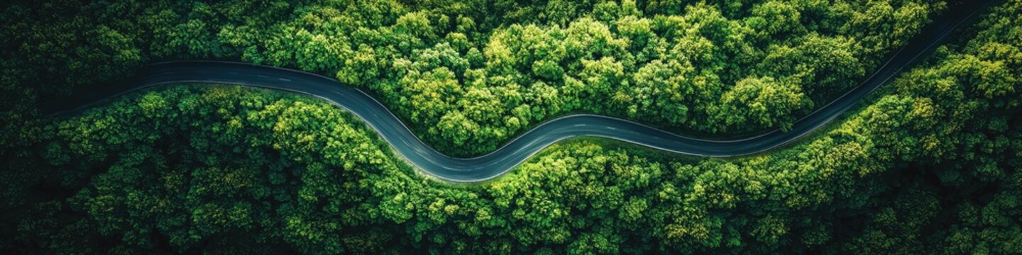 A winding road through lush green landscapes viewed from above