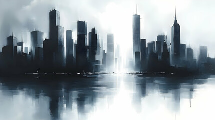 Obraz premium A stylized cityscape silhouette with tall buildings reflected in the water, set against a foggy background.