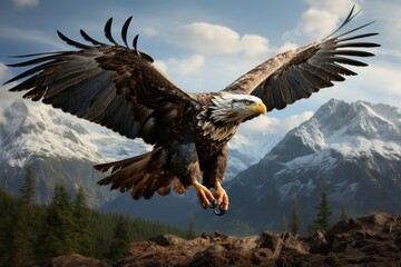 Obraz premium Majestic bald eagle soaring over a rugged mountain landscape, with wings fully extended, showcasing its powerful flight