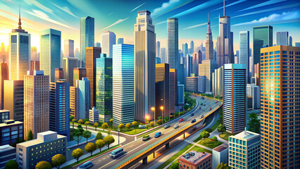 Naklejka premium Busy graphic cityscape with skyscrapers and busy streets, urban, cityscape, architecture, buildings, skyline