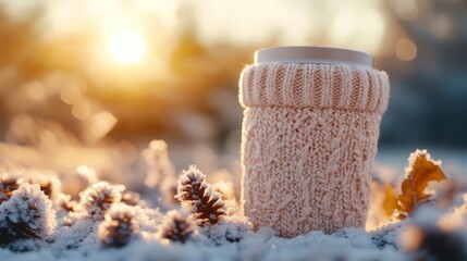 promote starting your day right with a thermos mug and knitted cover on a frosty morning with this concept banner