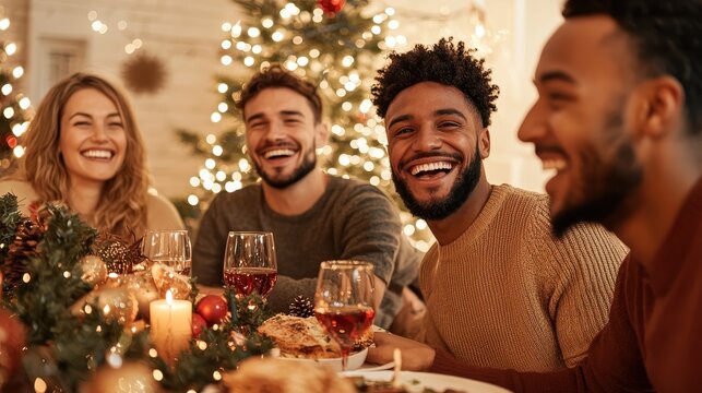 Happy Diverse Friends Enjoying Christmas Dinner Together