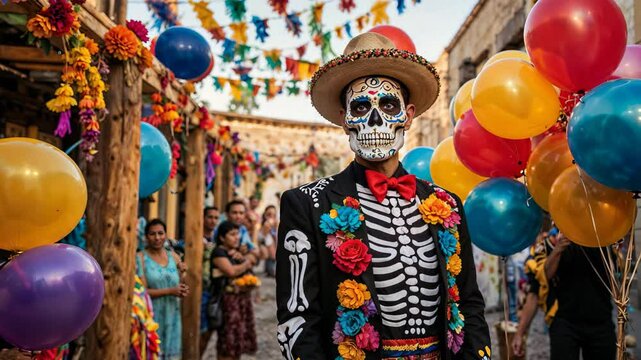 Man dressed as a festive skeleton at the Day of the Dead parade.