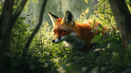 Obraz premium A fox sneaking through the underbrush of a forest.A fox sneaking through the underbrush of a forest.