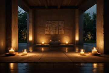 Fototapeta premium Candlelit Meditation Space with Warm Glow, Cushions on the Floor, Quiet and Intimate Atmosphere, Peaceful Energy