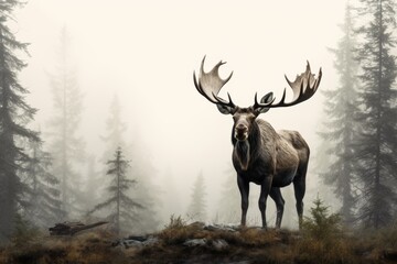 Moose standing in a misty forest, embodying the majesty of large wild animals