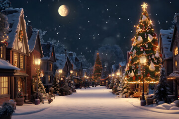 Obraz premium Moonlit Snowy Christmas Village with Brightly Lit Christmas Trees, Cozy Homes, and Festive Decorations, Perfect for Capturing the Magic of Holiday Nights and Winter Celebrations