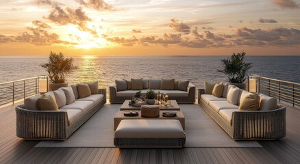 Fototapeta premium This is a 3D rendering of a seaside terrace and living area. There is a wood floor and rattan furniture in the room.