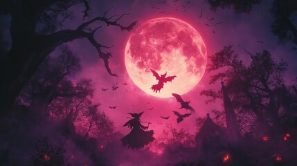 Fototapeta premium Witch Flying Under Blood Moon with Bats and Jack o Lanterns
