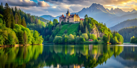 Fototapeta premium Landscape with a majestic castle overlooking a serene lake and lush green forest , medieval, fortification, architecture