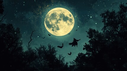 Fototapeta premium Full Moon Witch Bats Night Sky Halloween Fantasy